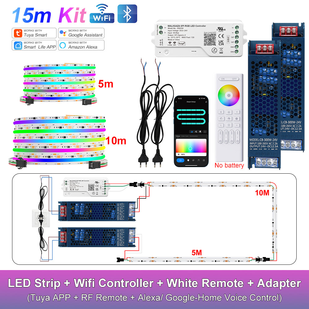 MALIIGAZA Smart Tuya WiFi RGBIC COB LED Strip Kit with Alexa & Google Home App Voice Control, Addressable Dream Color Light Tape 1-5M 10M 15M 20M 25M 30M Decor Lighting