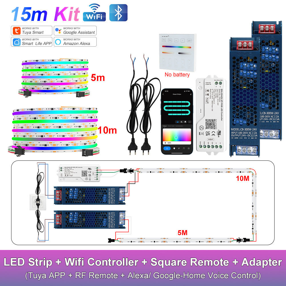MALIIGAZA Smart Tuya WiFi RGBIC COB LED Strip Kit with Alexa & Google Home App Voice Control, Addressable Dream Color Light Tape 1-5M 10M 15M 20M 25M 30M Decor Lighting