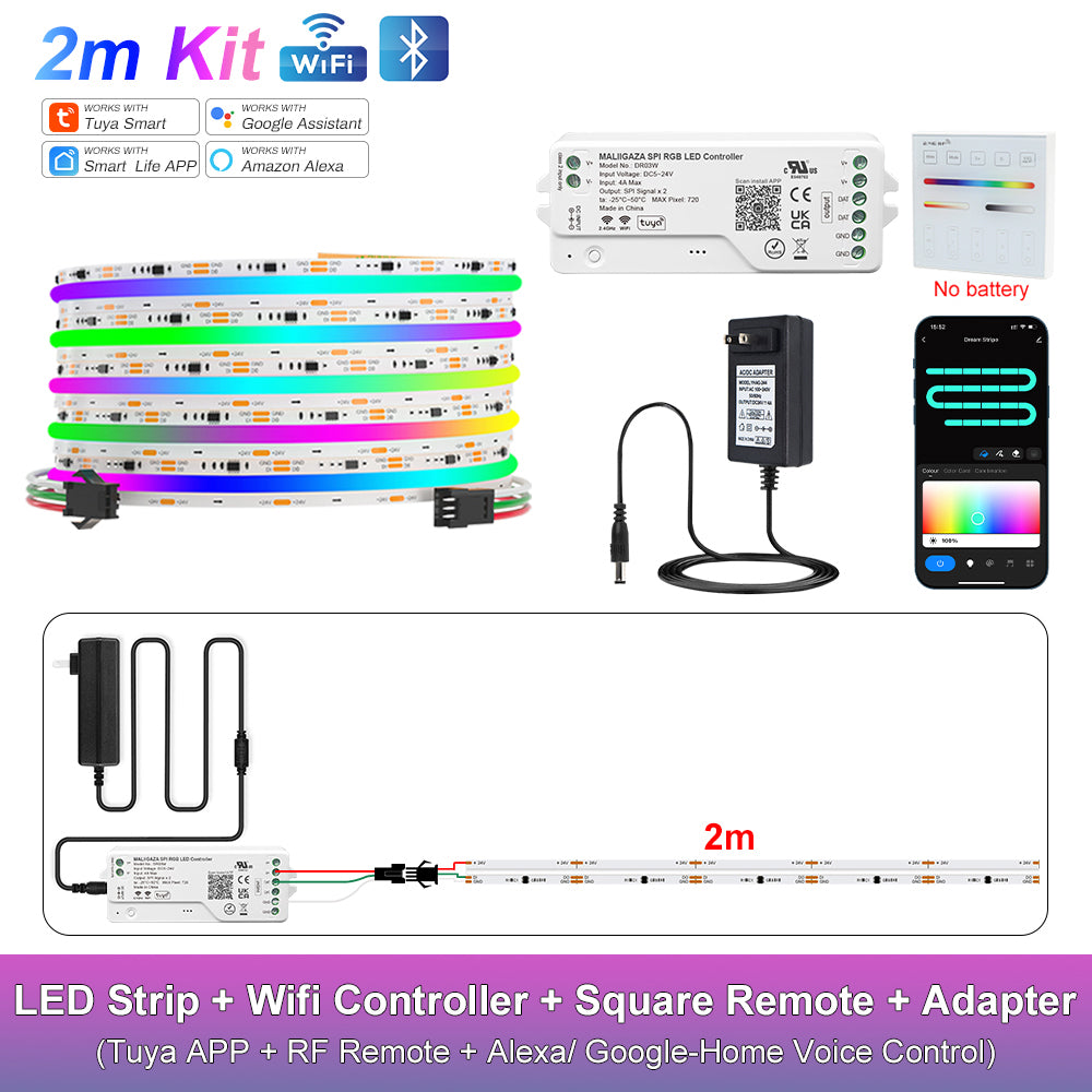MALIIGAZA Smart Tuya WiFi RGBIC COB LED Strip Kit with Alexa & Google Home App Voice Control, Addressable Dream Color Light Tape 1-5M 10M 15M 20M 25M 30M Decor Lighting