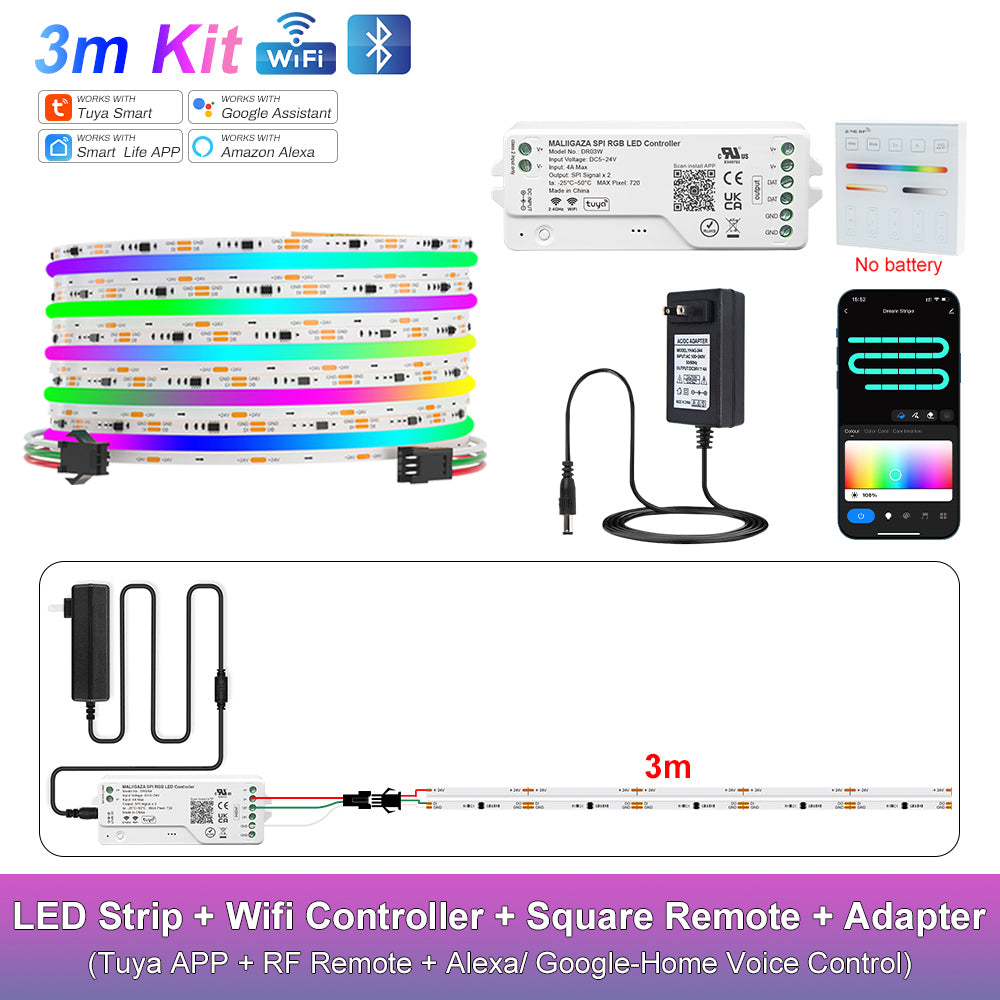 MALIIGAZA Smart Tuya WiFi RGBIC COB LED Strip Kit with Alexa & Google Home App Voice Control, Addressable Dream Color Light Tape 1-5M 10M 15M 20M 25M 30M Decor Lighting