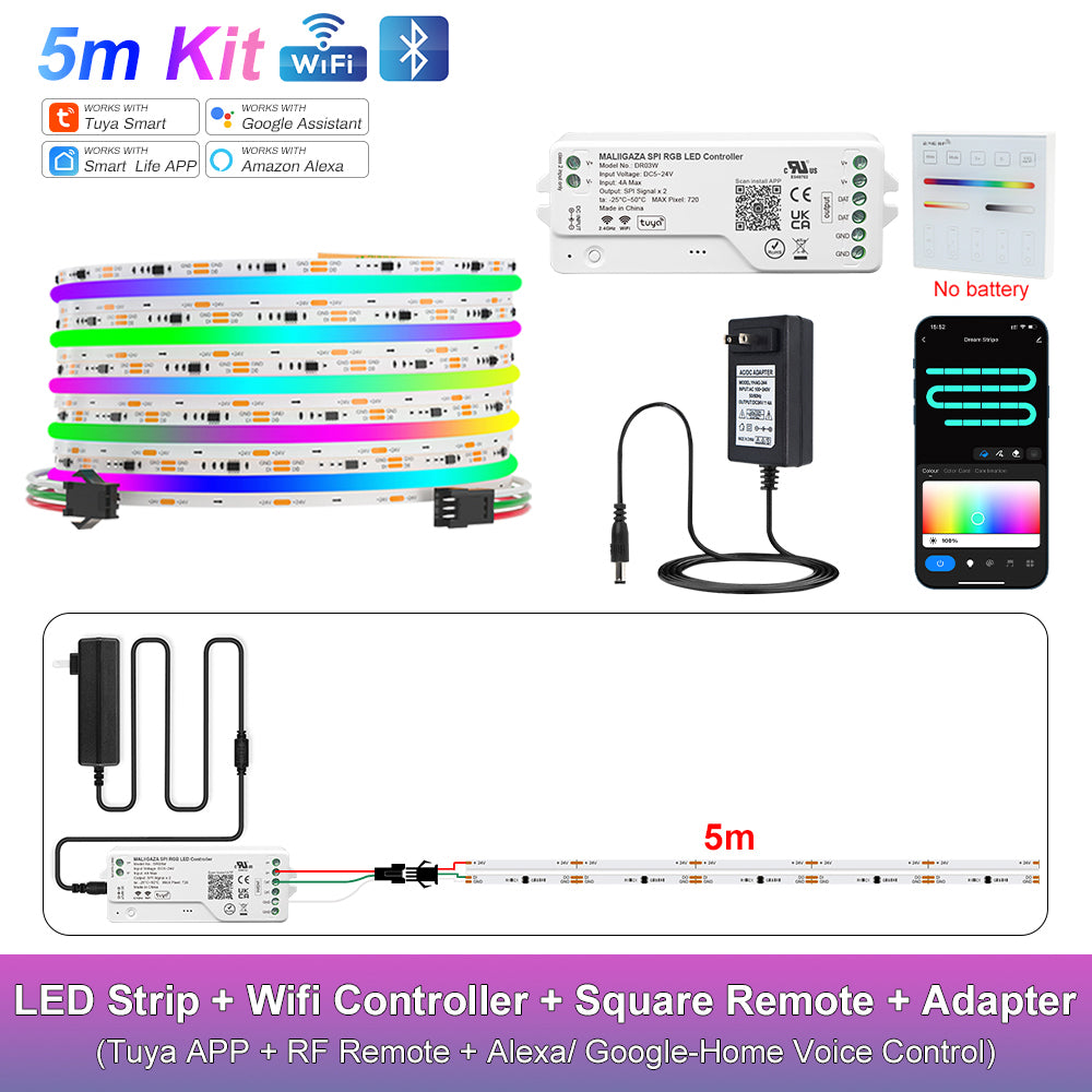 MALIIGAZA Smart Tuya WiFi RGBIC COB LED Strip Kit with Alexa & Google Home App Voice Control, Addressable Dream Color Light Tape 1-5M 10M 15M 20M 25M 30M Decor Lighting