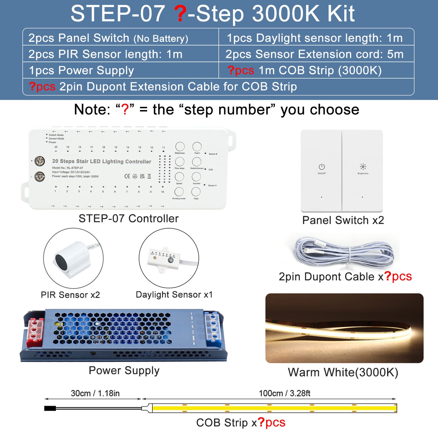 Smart Motion Sensor LED Stair Light Kit | Always-On Constant Mode & Dual Wireless Switches | High CRI 90+ Plug-and-Play 1m 1.2m COB LED Strip Staircase System