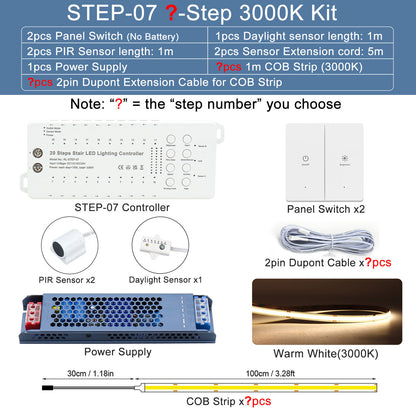 Smart Motion Sensor LED Stair Light Kit | Always-On Constant Mode & Dual Wireless Switches | High CRI 90+ Plug-and-Play 1m 1.2m COB LED Strip Staircase System